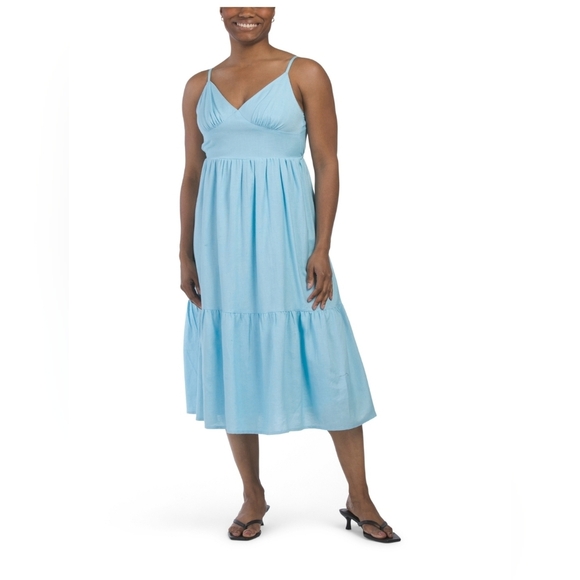 💙🔹️Japna🔹️ Aquamarine Linen Blend Tiered Blue Midi Dress - Picture 2 of 3